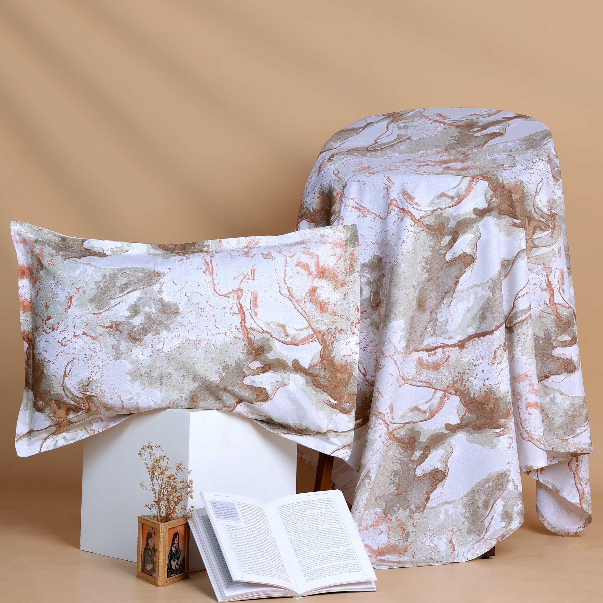 Marble Design Bed Cover with Matching Pillow Cover Set - Multi