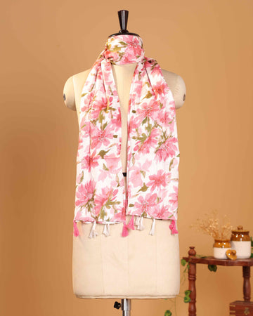 Elegant Women’s Floral Printed Dupatta with Handcrafted Tassel Ends - Cream