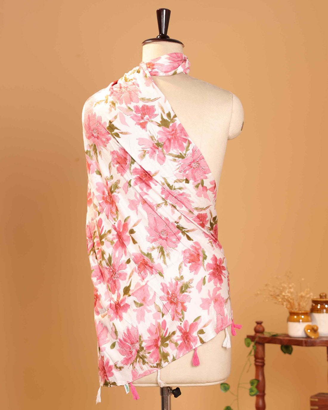 Elegant Women’s Floral Printed Dupatta with Handcrafted Tassel Ends - Cream