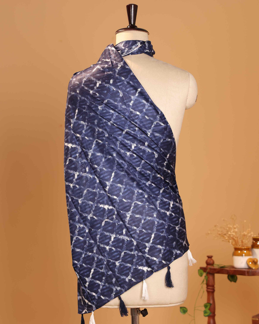 Elegant Women’s Abstract Geometric Printed Dupatta with Handcrafted Tassel Detailing - Navy Blue