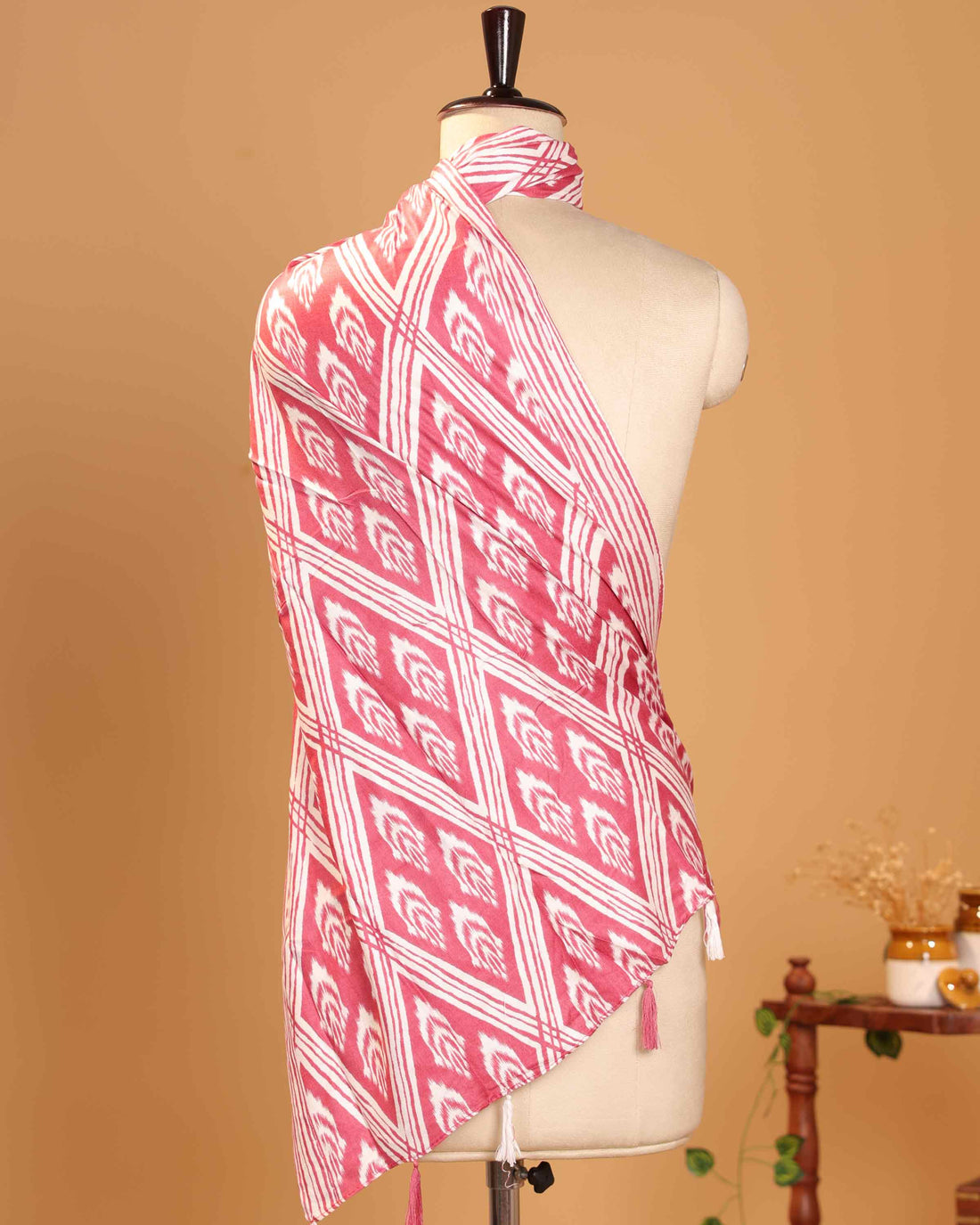 Elegant Women’s Ikkat Inspired Printed Dupatta with Geometric Motifs and Tassel Detailing - Pink