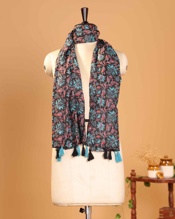 Elegant Women’s Dupatta with Floral Vine Motifs and Decorative Tasselled Ends - Multi