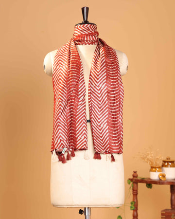 Elegant Women’s Chevron Pattern Dupatta with Traditional Block Print and Tasselled Ends - Red