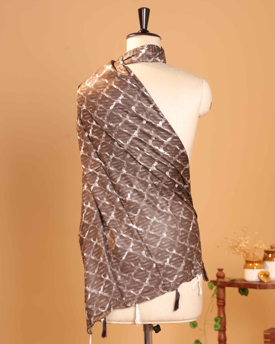 Elegant Women’s Abstract Geometric Printed Dupatta with Handcrafted Tassel Detailing - Brown