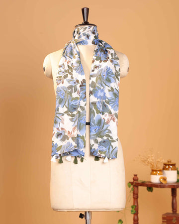 Elegant Women’s Floral Printed Dupatta with Soft Lightweight and Decorative Tassel Finish - Off White