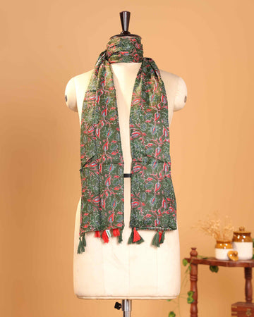 Elegant Women’s Dupatta with Floral Vine Motifs and Decorative Tasselled Ends - Green