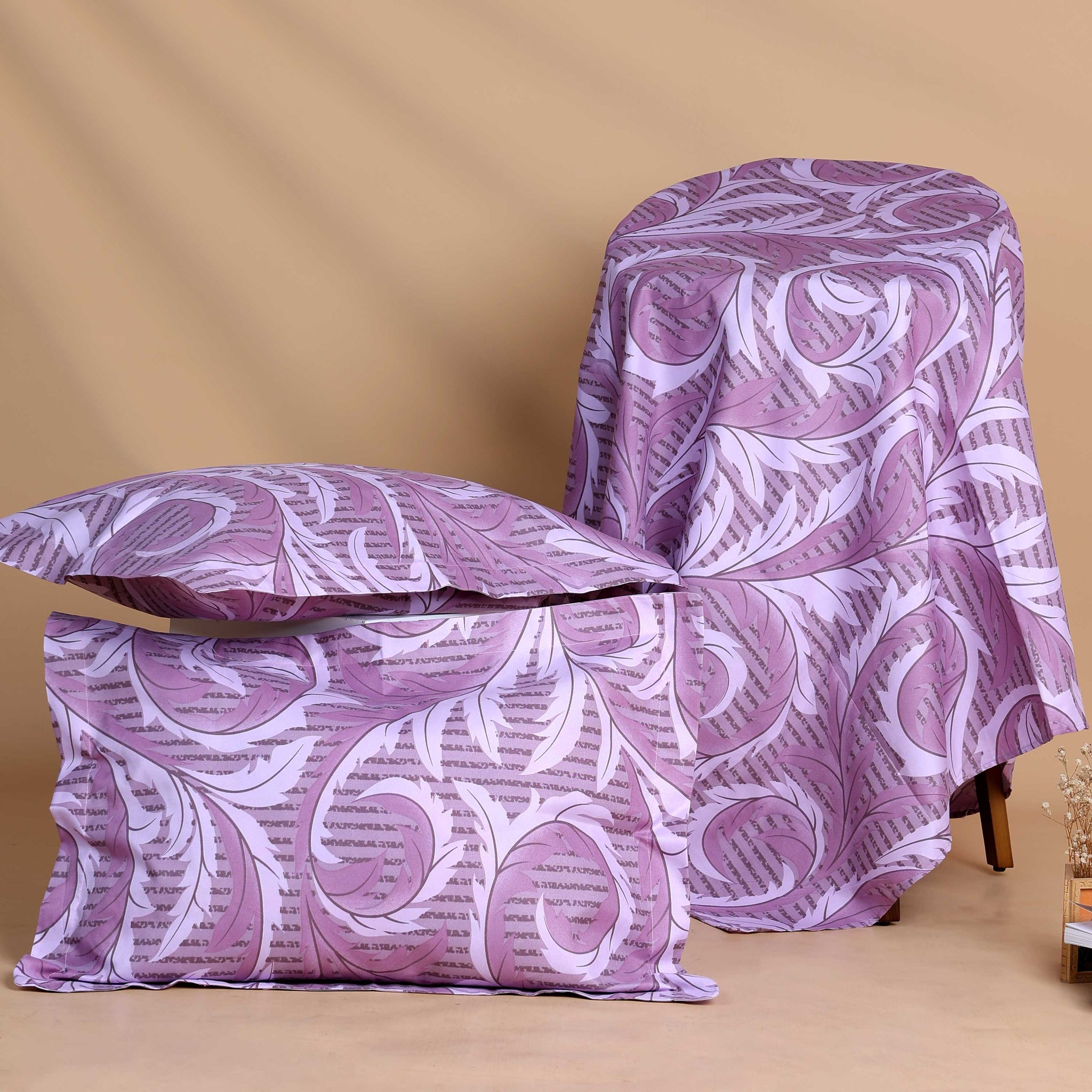 Leafy Scroll Print Design Bed Cover with Matching Pillow Cover Set - Onion Pink