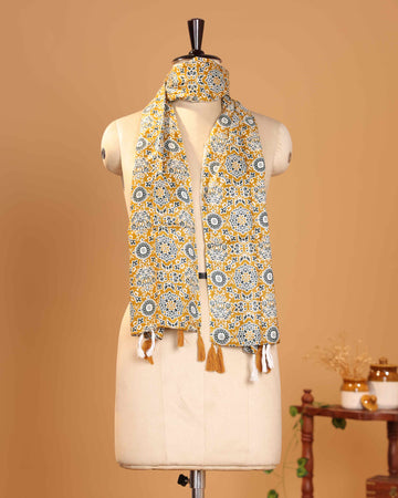 Elegant Women’s Floral & Geometric Motif Printed Dupatta with Traditional Design and Tassel Detailing - Yellow