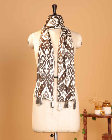 Elegant Women’s Printed Dupatta with Traditional Ikkat Inspired Motifs and Tassel Detailing - Dark Brown