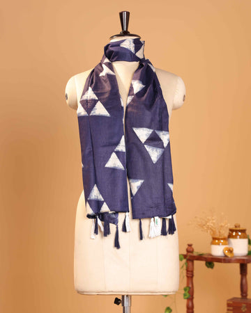 Elegant Women’s Printed Dupatta with Modern Geometric Triangle Pattern and Handcrafted Tassel Finish - Navy Blue