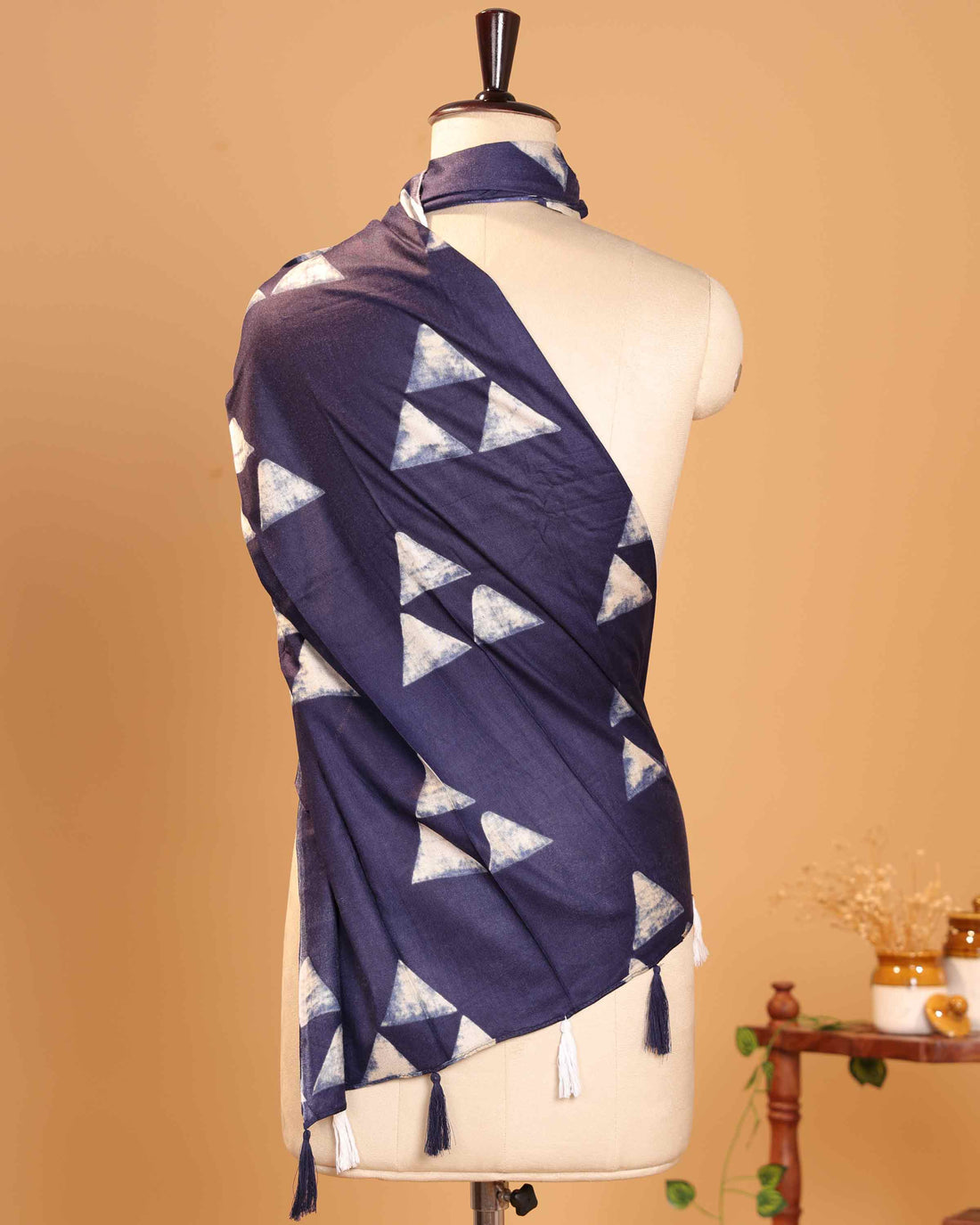 Elegant Women’s Printed Dupatta with Modern Geometric Triangle Pattern and Handcrafted Tassel Finish - Navy Blue