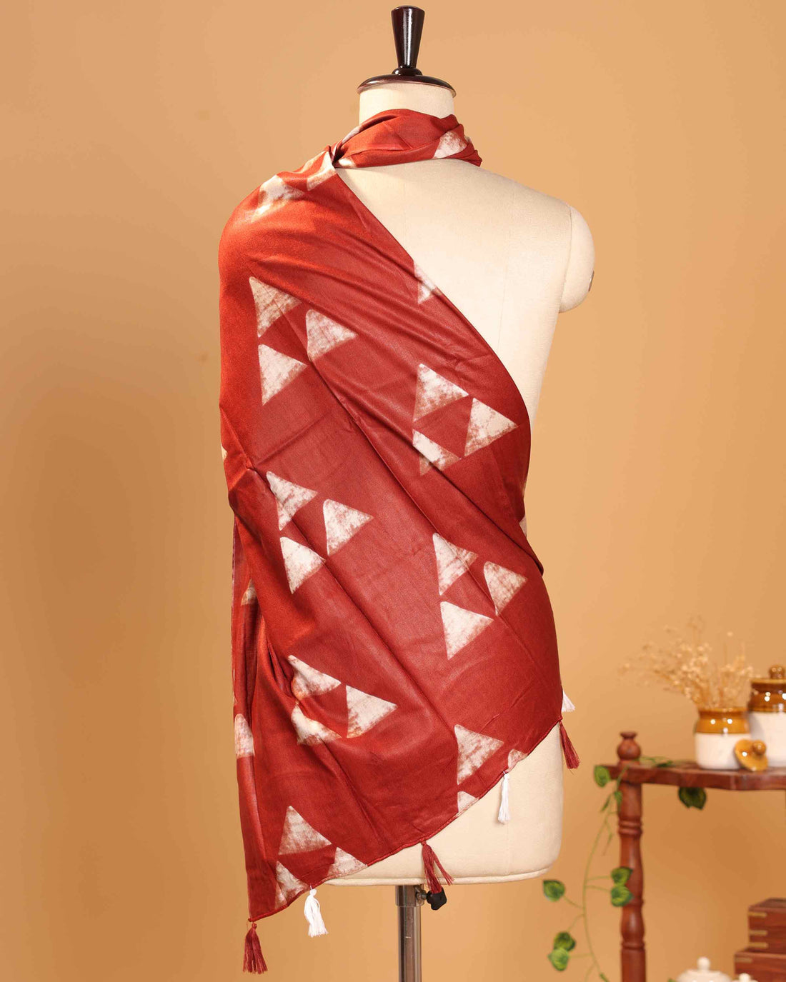 Elegant Women’s Printed Dupatta with Modern Geometric Triangle Pattern and Handcrafted Tassel Finish - Red