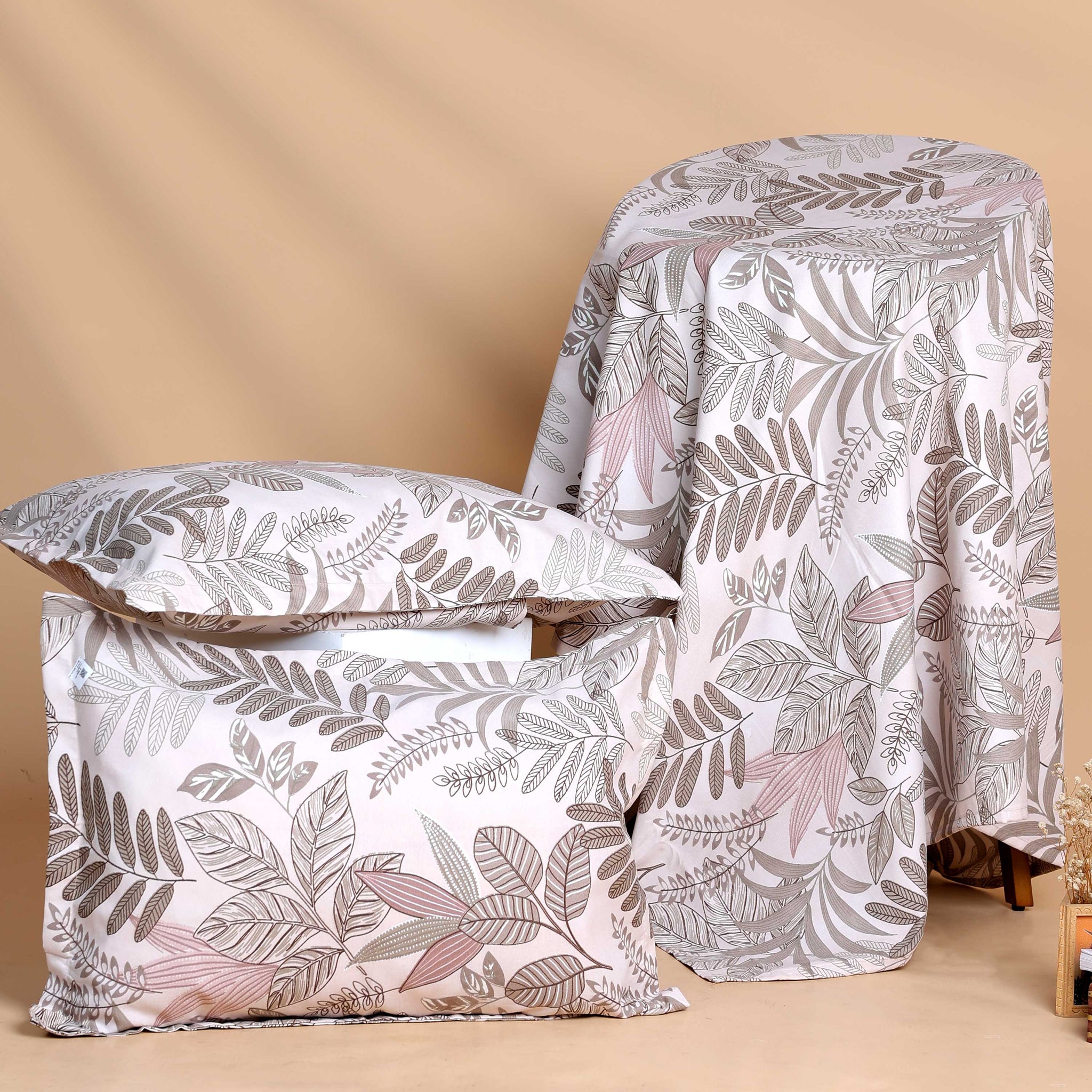 Elegant Leaf Motif Print Design Bed Cover with Matching Pillow Cover Set - White