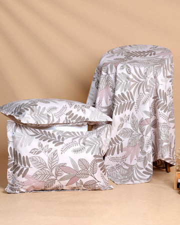 Elegant Leaf Motif Print Design Bed Cover with Matching Pillow Cover Set - White