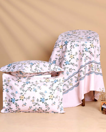 Elegant Floral Print Design Bed Cover with Matching Pillow Cover Set - Pink