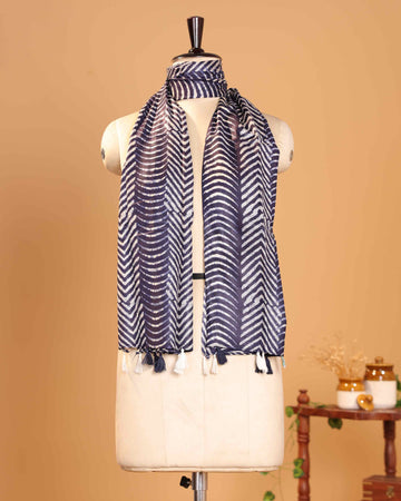 Elegant Women’s Chevron Pattern Dupatta with Traditional Block Print and Tasselled Ends - Navy Blue