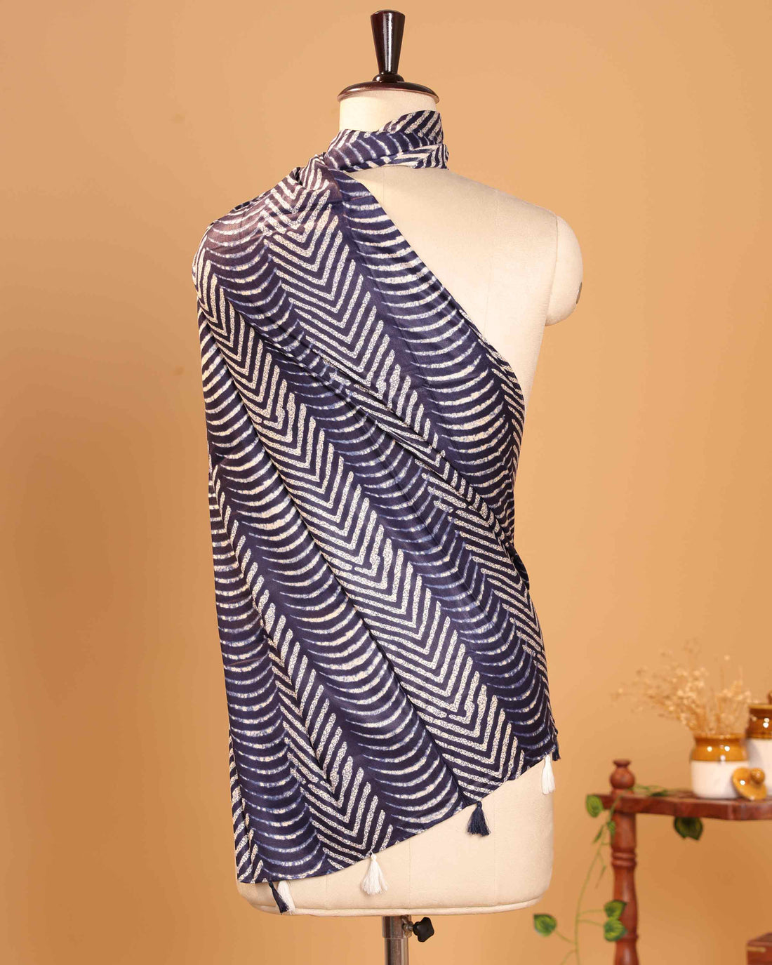Elegant Women’s Chevron Pattern Dupatta with Traditional Block Print and Tasselled Ends - Navy Blue
