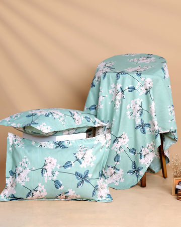 Elegant Floral Print Design Bed Cover with Matching Pillow Cover Set - Green