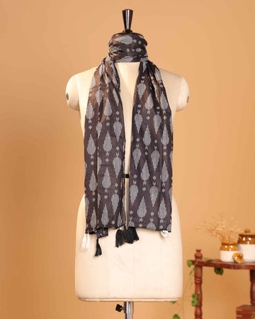 Elegant Women’s Ikkat Pattern Dupatta with Geometric Motifs and Tassel Detailing - Dark Brown