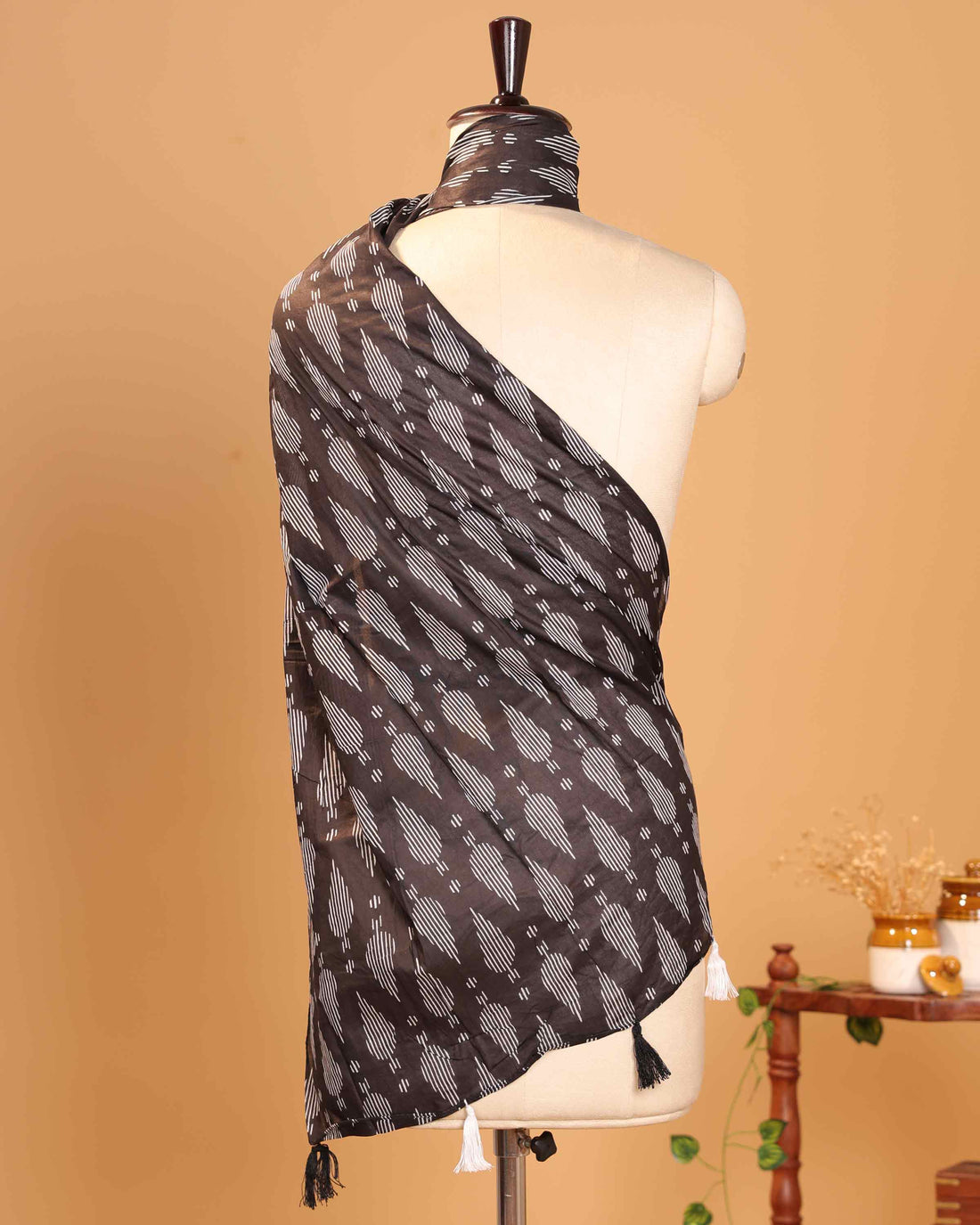 Elegant Women’s Ikkat Pattern Dupatta with Geometric Motifs and Tassel Detailing - Dark Brown