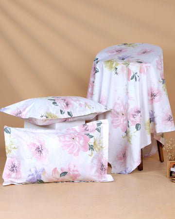 Elegant Floral Print Design Bed Cover with Matching Pillow Cover Set - White