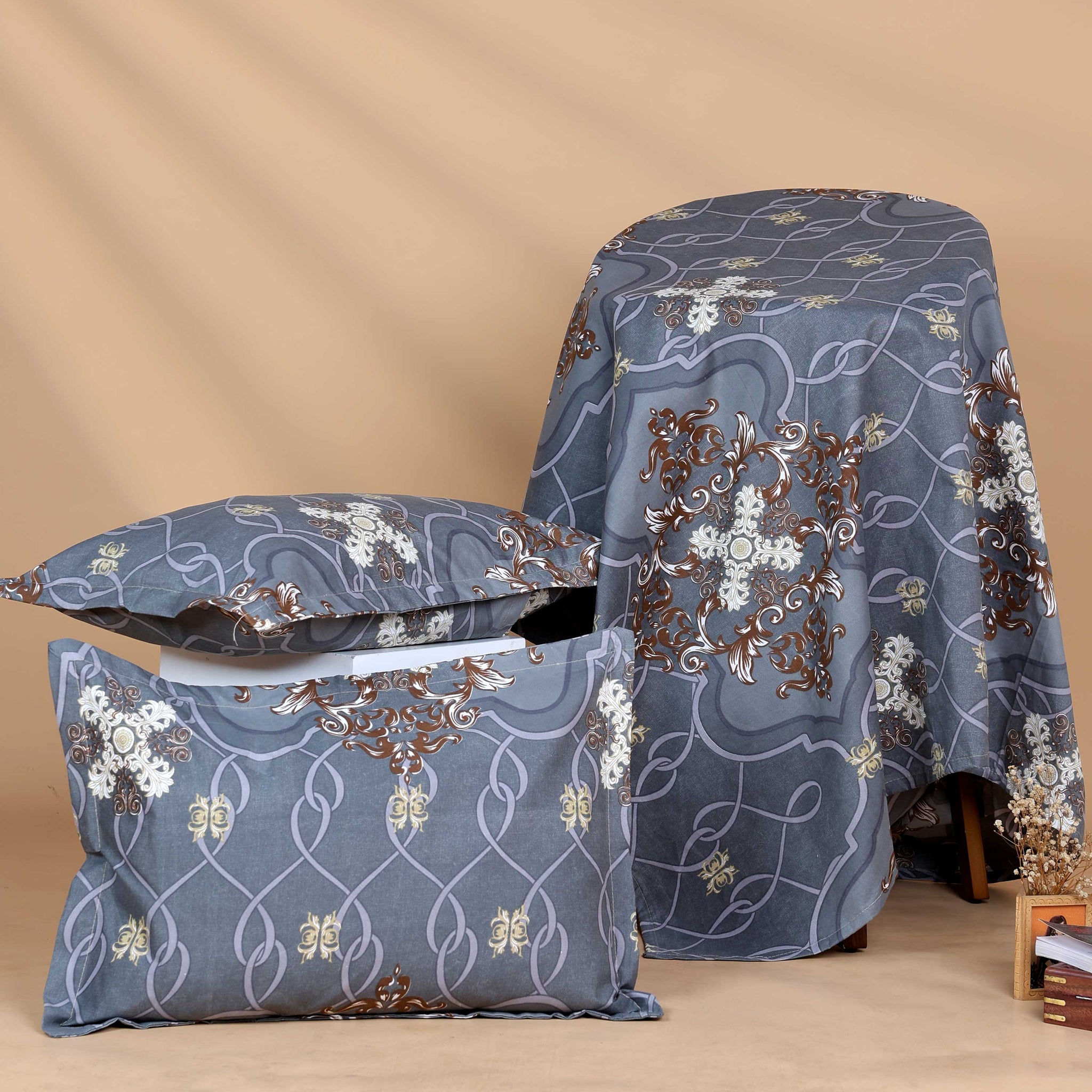 Elegant Intricate Pattern Bed Cover with Matching Pillow Cover Set - Dark Grey