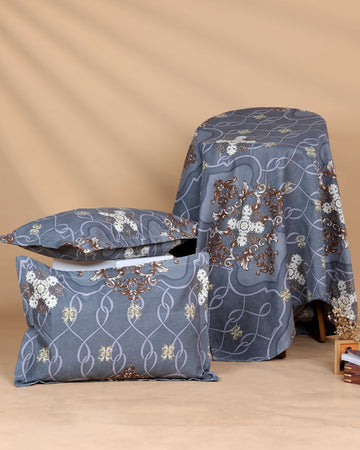 Elegant Intricate Pattern Bed Cover with Matching Pillow Cover Set - Dark Grey