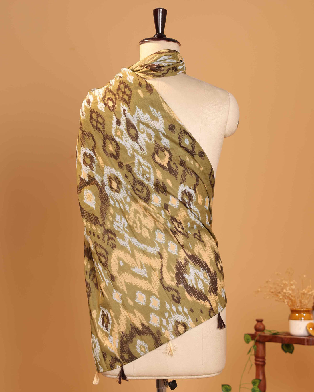 Elegant Women’s Ikkat Inspired Printed Dupatta with Traditional Motifs Tassel Detailing - Olive Green