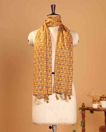 Elegant Women’s Floral Printed Dupatta with Traditional Motifs Tassel Detailing - Yellow