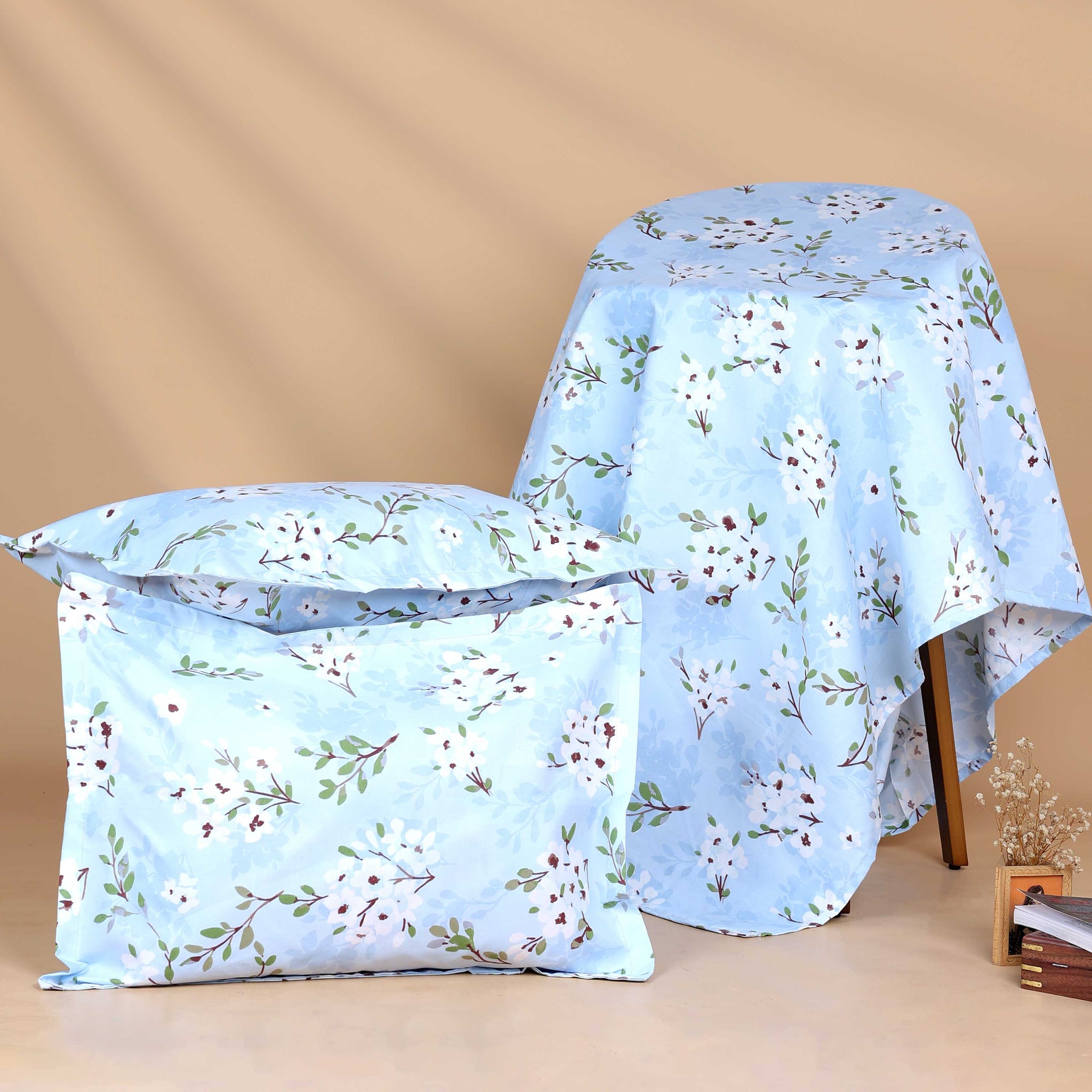 Elegant Floral Printed Bed Cover with Matching Pillow Cover Set - Blue