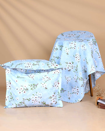 Elegant Floral Printed Bed Cover with Matching Pillow Cover Set - Blue