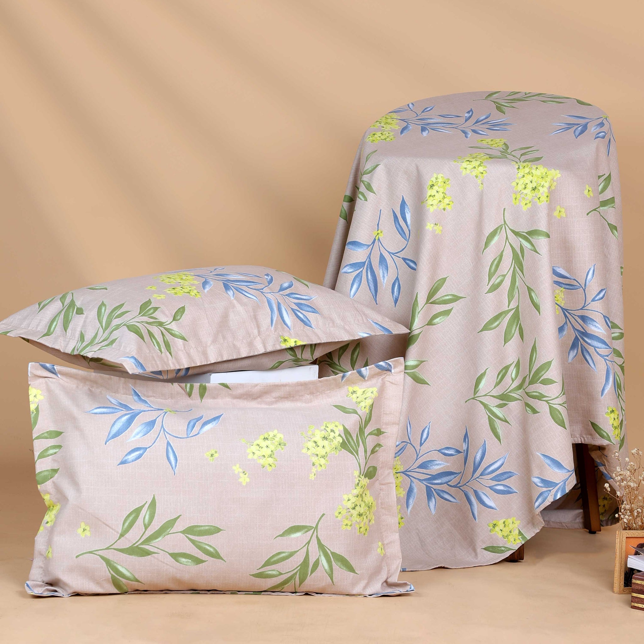 Elegant Floral Printed Bed Cover with Matching Pillow Cover Set - Brown