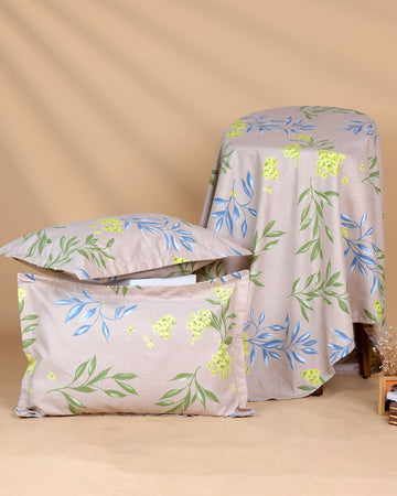 Elegant Floral Printed Bed Cover with Matching Pillow Cover Set - Brown