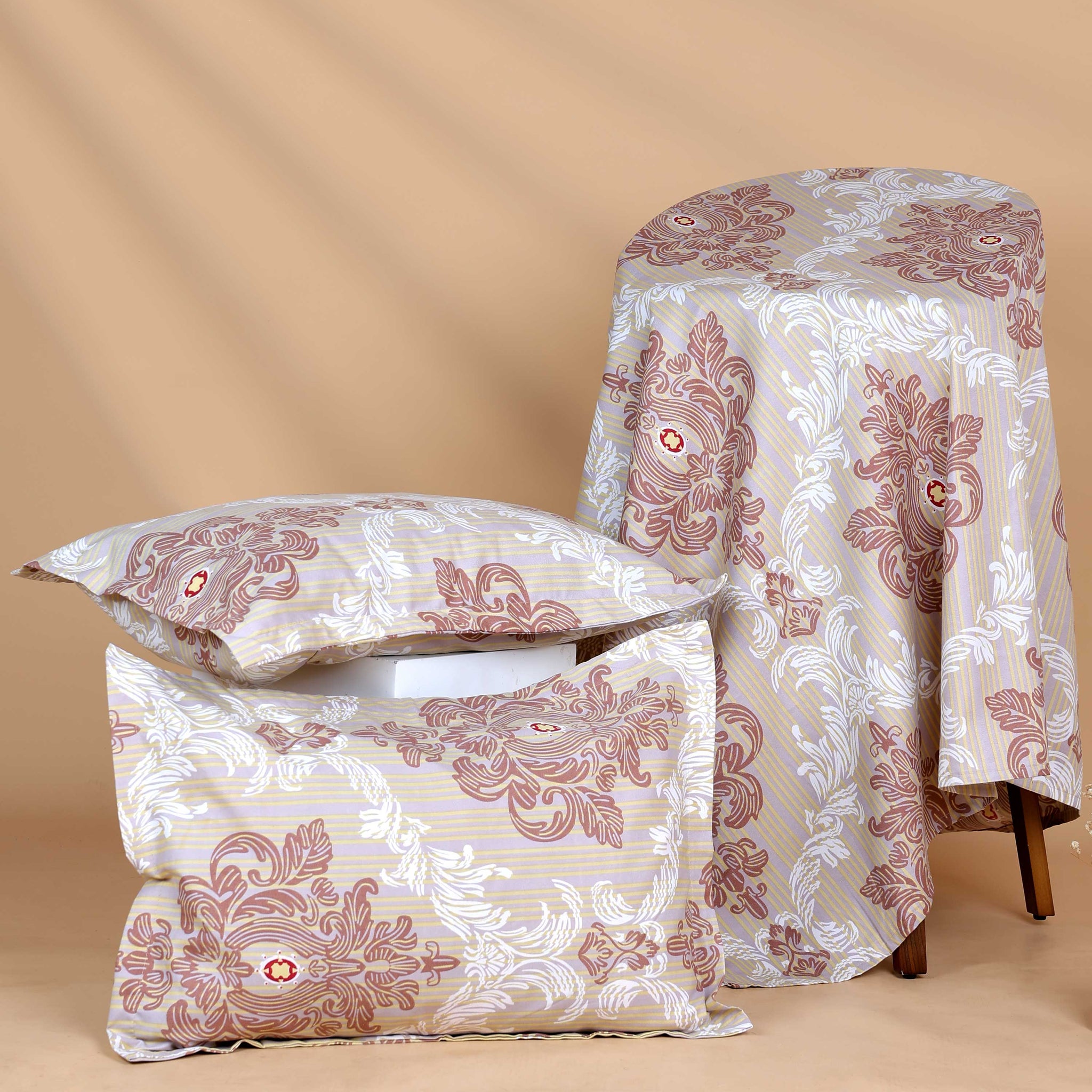 Elegant Floral & Striped Pattern Bed Cover with Matching Pillow Cover Set - Lavender