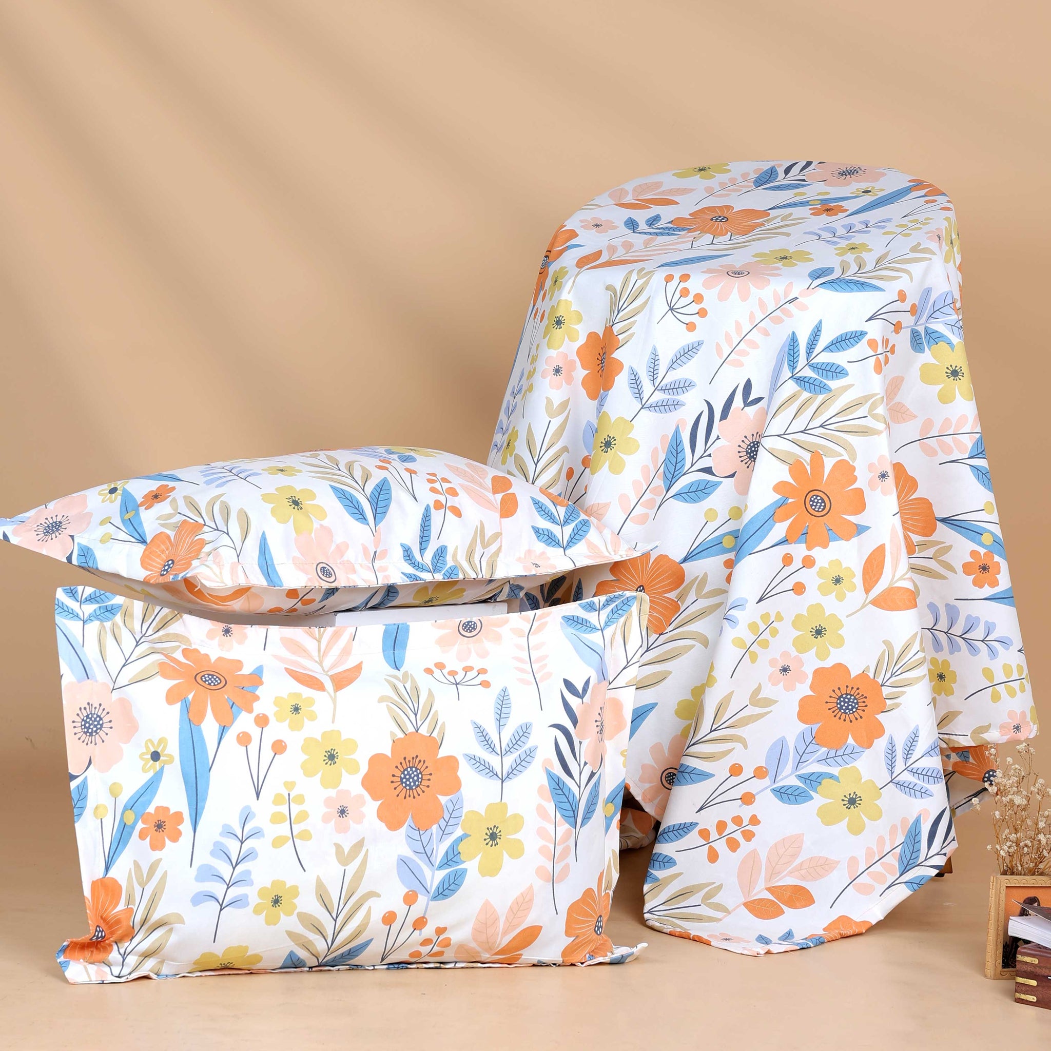 Elegant Floral Print Design Bed Cover with Matching Pillow Cover Set - White