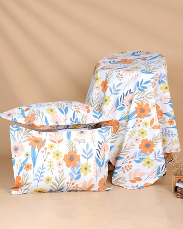 Elegant Floral Print Design Bed Cover with Matching Pillow Cover Set - White