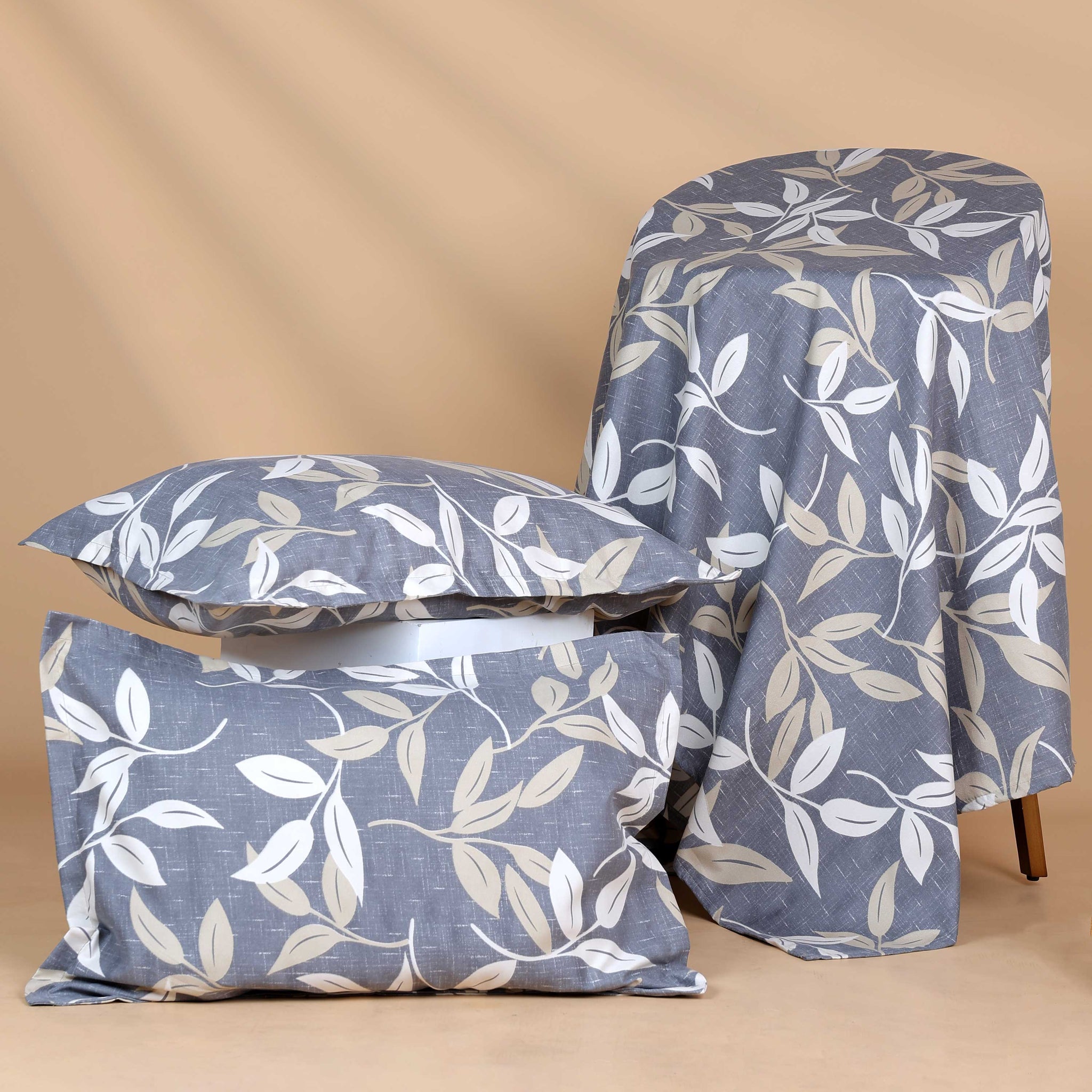 Elegant Leaf Print Design Bed Cover with Matching Pillow Cover Set - Grey