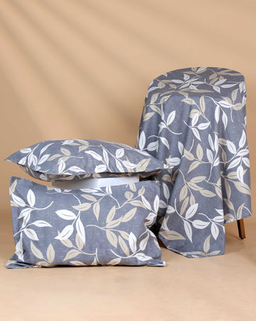 Elegant Leaf Print Design Bed Cover with Matching Pillow Cover Set - Grey