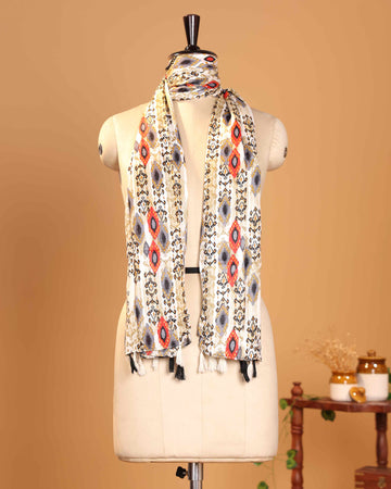 Elegant Women’s Printed Ikkat Inspired Dupatta with Geometric Motifs and Tassel Finish - Multi