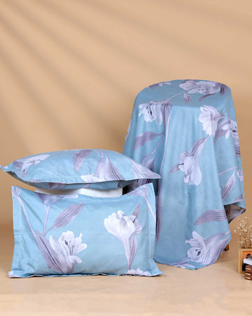 Elegant Floral Print Design Bed Cover with Matching Pillow Cover Set - Blue