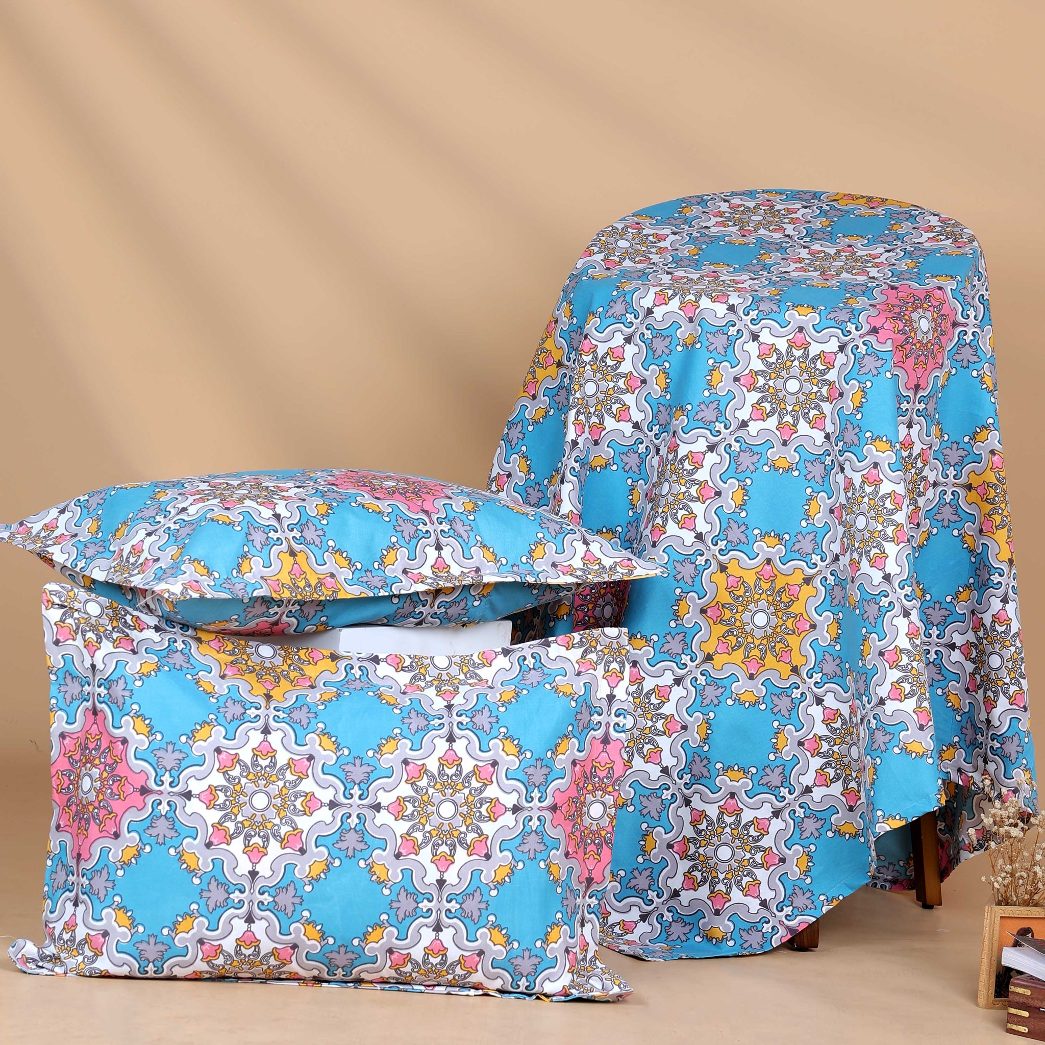Elegant Intricate Print Design Bed Cover with Matching Pillow Cover Set - Blue