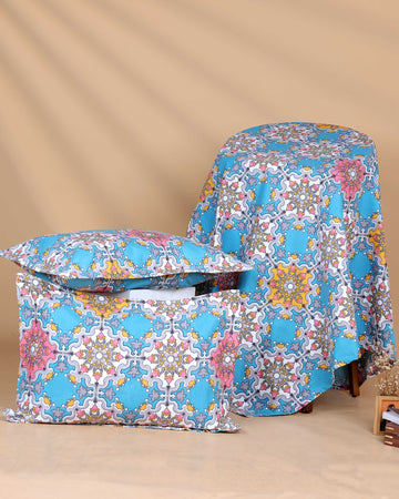 Elegant Intricate Print Design Bed Cover with Matching Pillow Cover Set - Blue
