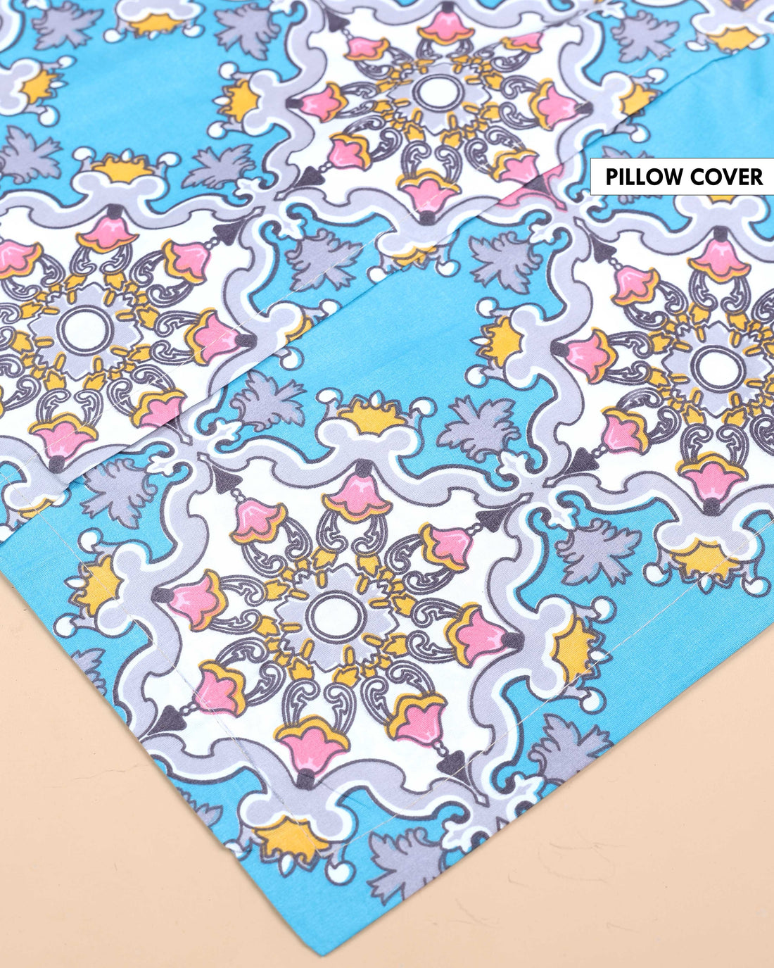 Elegant Intricate Print Design Bed Cover with Matching Pillow Cover Set - Blue