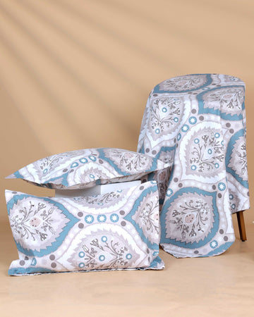 Elegant Floral Print Design Bed Cover with Matching Pillow Cover Set - White