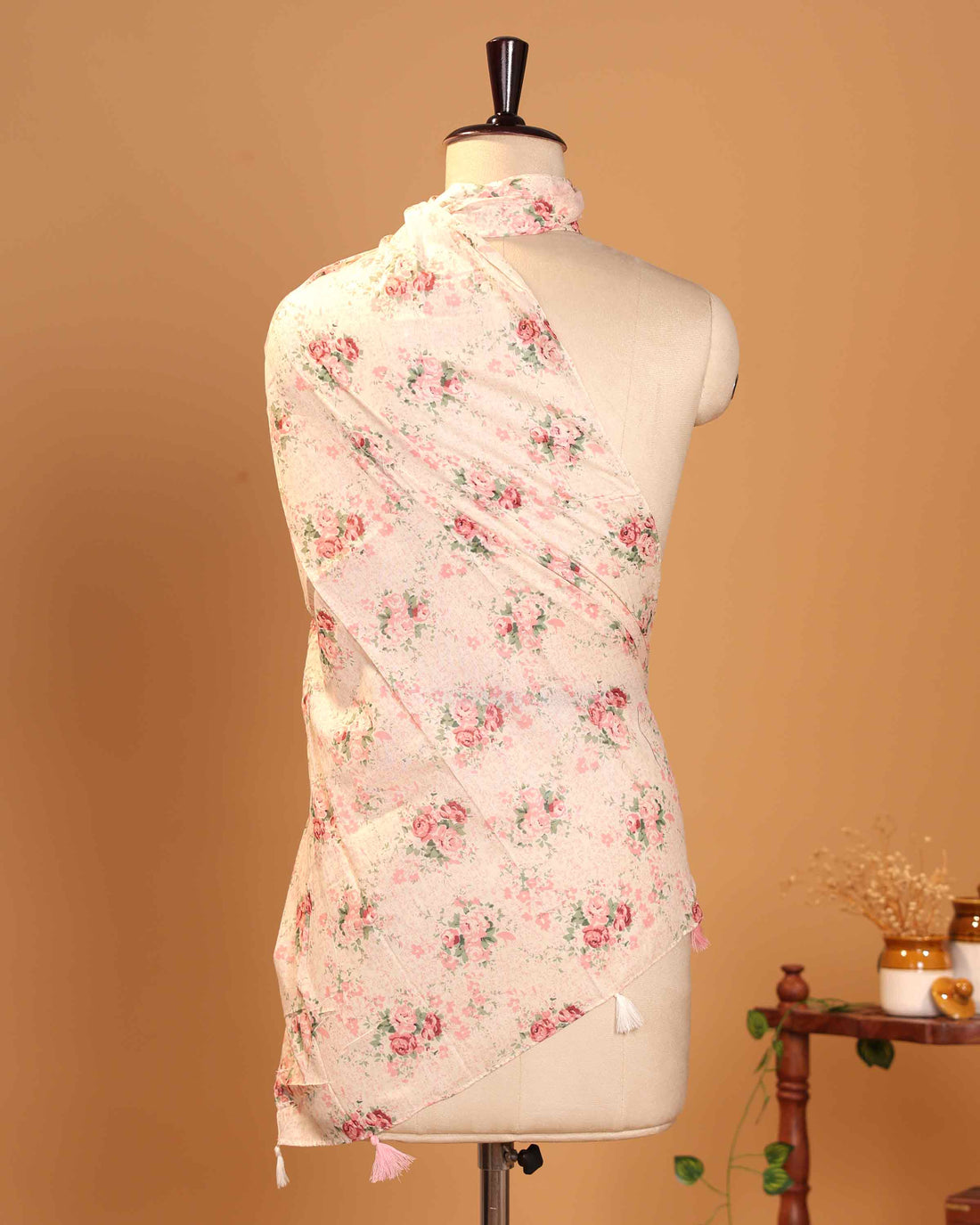 Elegant Women’s Floral Printed Dupatta with Delicate Rose Motifs and Tassel Detailing - Cream
