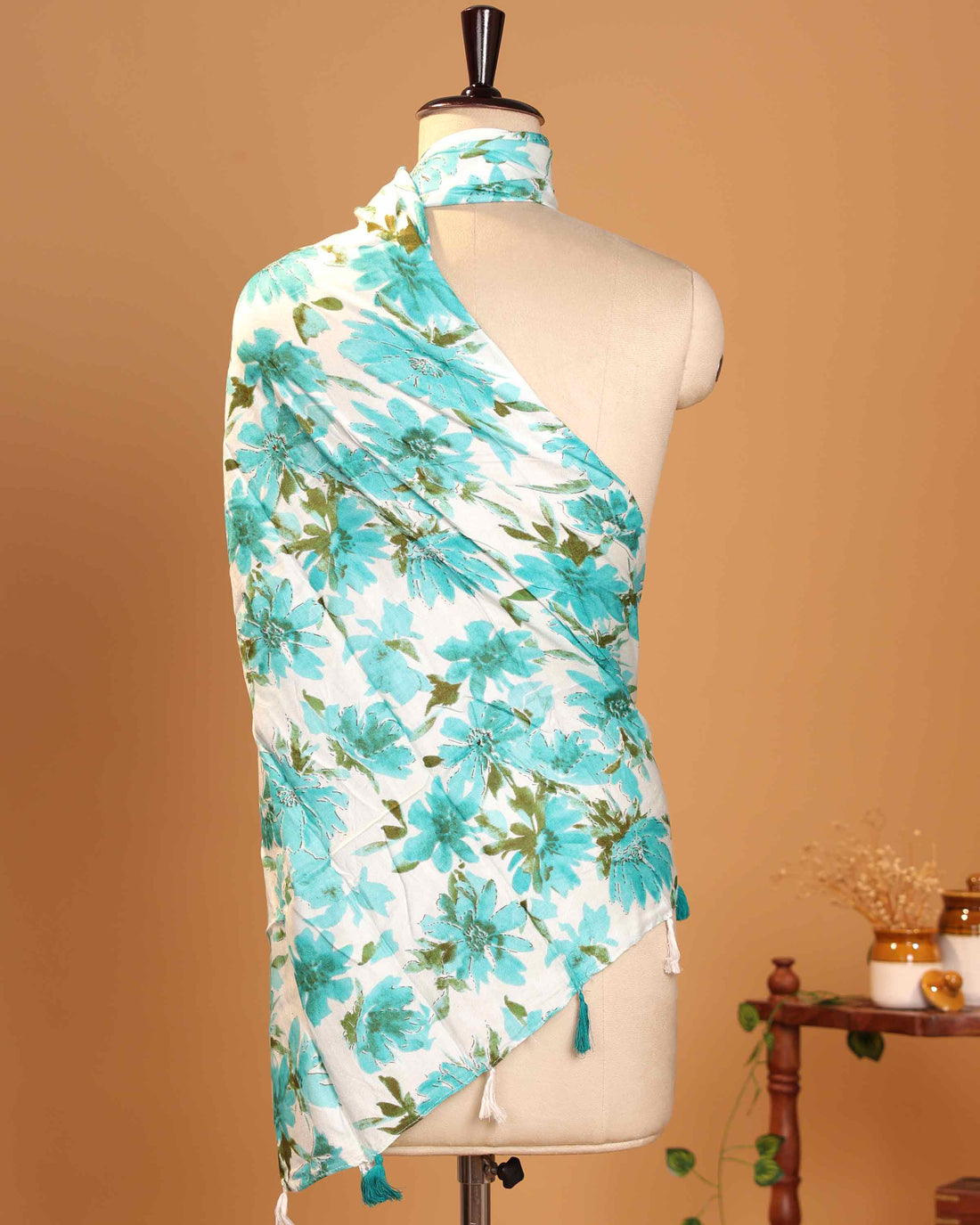 Elegant Women’s Floral Printed Lightweight Dupatta and Tassel Detail - Off White