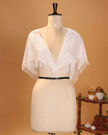 Women’s Elegant Lace Dupatta with Intricate Floral Pattern and Delicate Fringe Border -  White