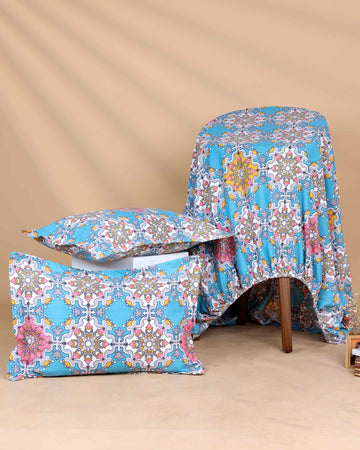 Elegant Intricate Pattern Bed Cover with Matching Pillow Cover Set - Blue