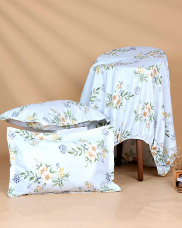 Elegant Floral Pattern Bed Cover with Matching Pillow Cover Set - Blue