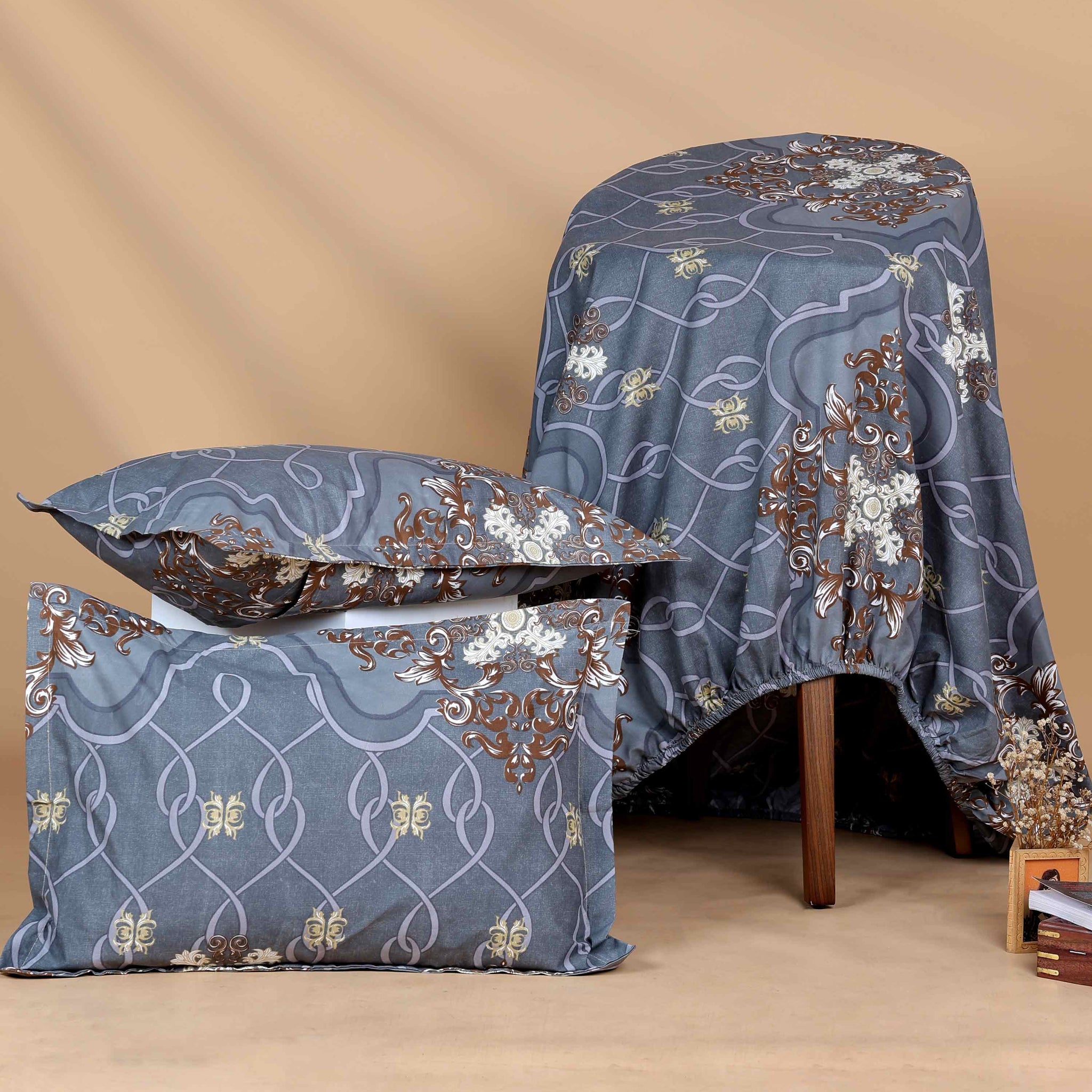 Elegant Scrollwork & Floral Pattern Bed Cover with Matching Pillow Cover Set - Dark Grey